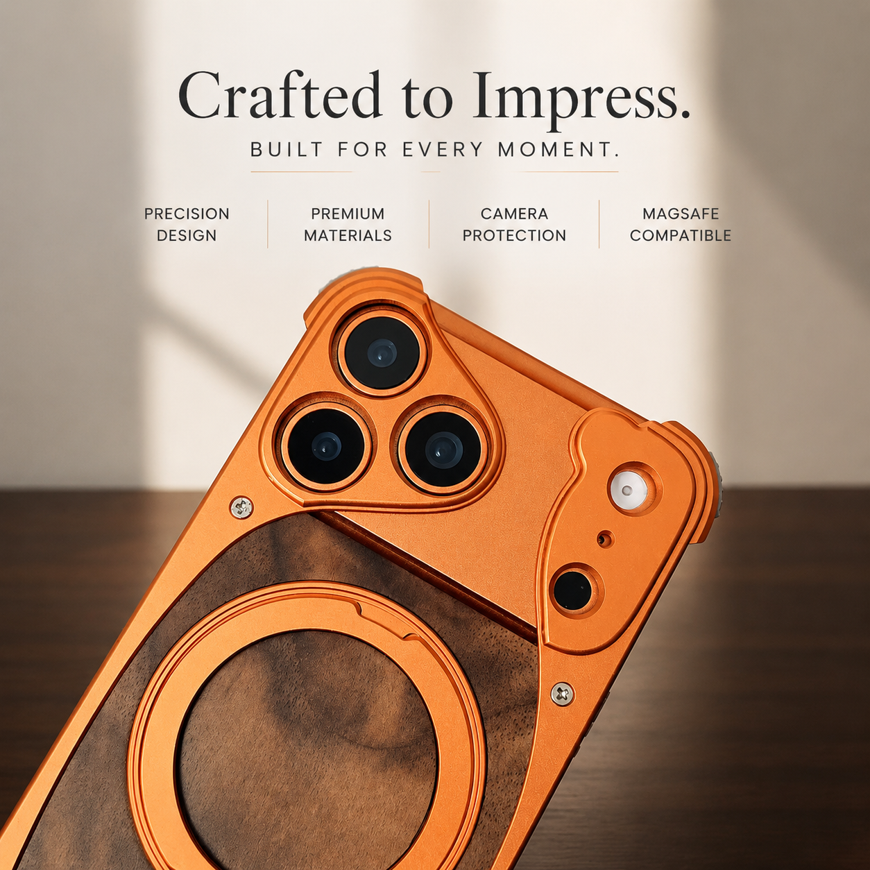 Premium iPhone Case Walnut Wood Aluminum Magnetic Protective Cover Shockproof Built-In Stand Wireless Charging Camera Lens Protection Full Coverage