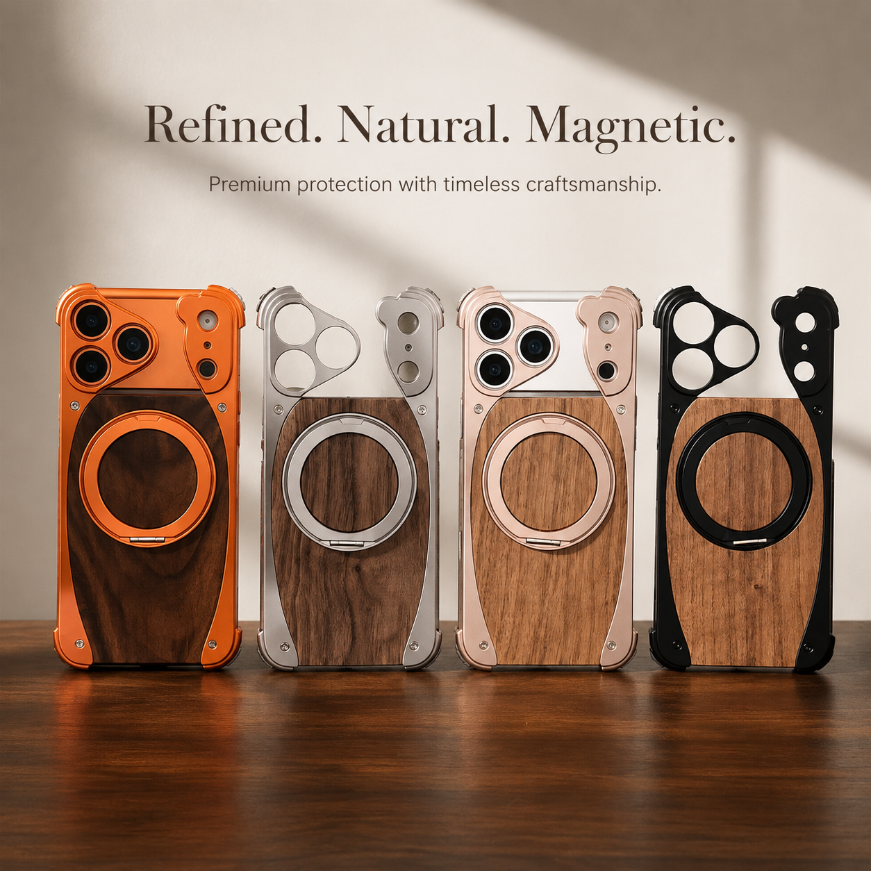 Premium iPhone Case Walnut Wood Aluminum Magnetic Protective Cover Shockproof Built-In Stand Wireless Charging Camera Lens Protection Full Coverage
