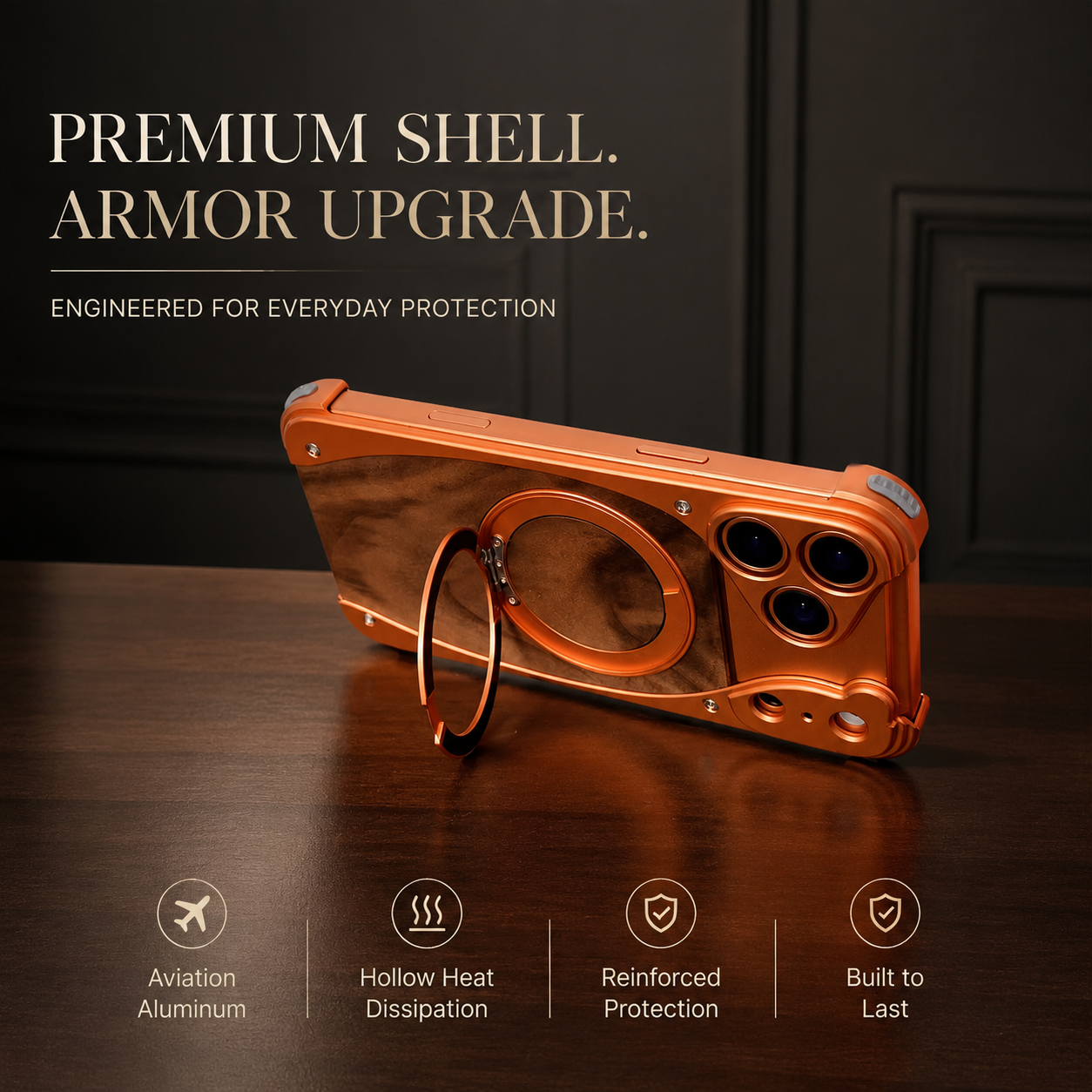 Premium iPhone Case Walnut Wood Aluminum Magnetic Protective Cover Shockproof Built-In Stand Wireless Charging Camera Lens Protection Full Coverage