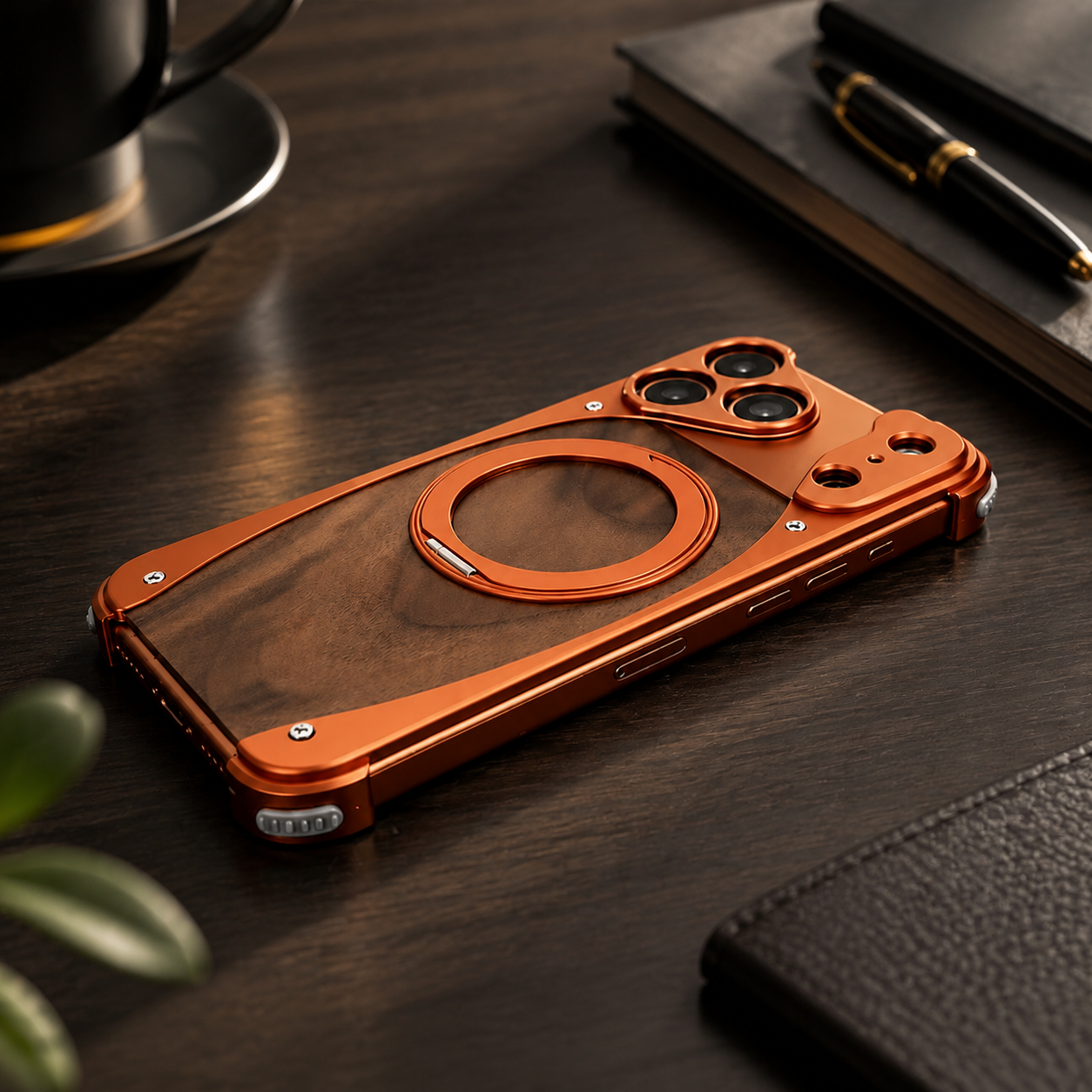 Premium iPhone Case Walnut Wood Aluminum Magnetic Protective Cover Shockproof Built-In Stand Wireless Charging Camera Lens Protection Full Coverage