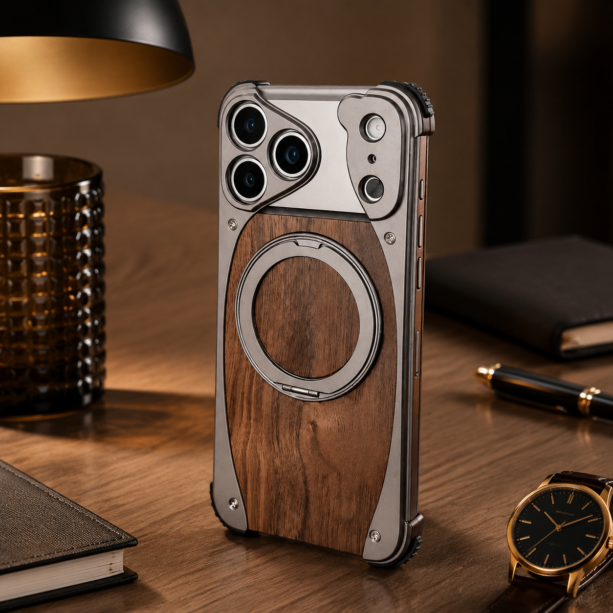 Premium iPhone Case Walnut Wood Aluminum Magnetic Protective Cover Shockproof Built-In Stand Wireless Charging Camera Lens Protection Full Coverage