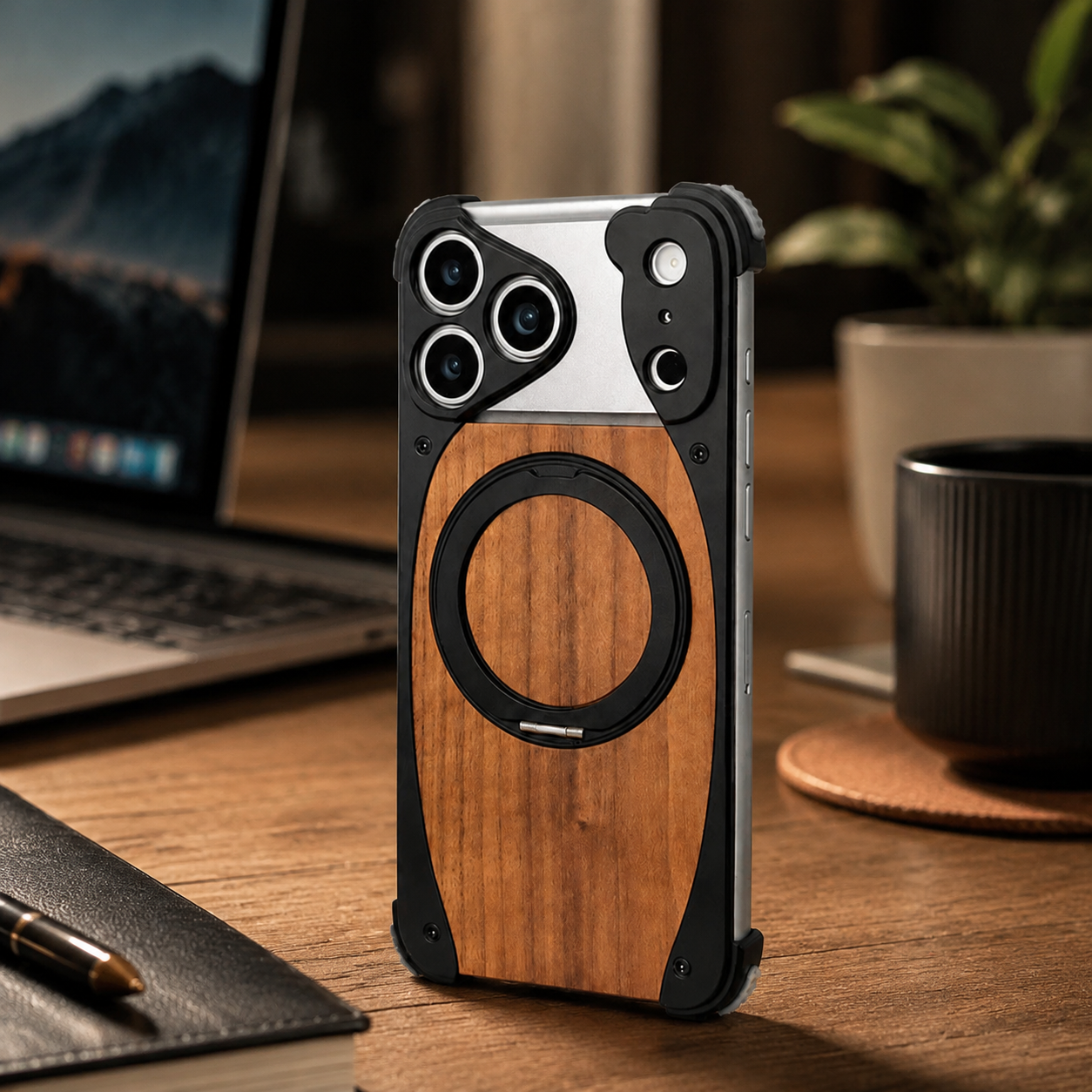 Premium iPhone Case Walnut Wood Aluminum Magnetic Protective Cover Shockproof Built-In Stand Wireless Charging Camera Lens Protection Full Coverage