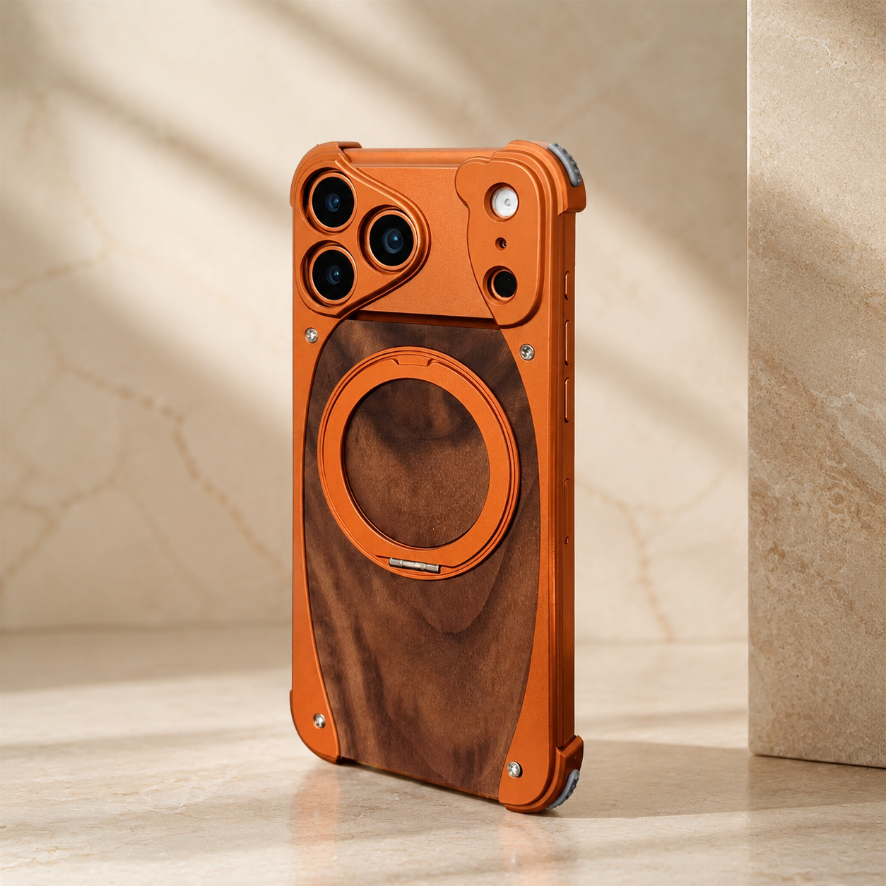 Premium iPhone Case Walnut Wood Aluminum Magnetic Protective Cover Shockproof Built-In Stand Wireless Charging Camera Lens Protection Full Coverage