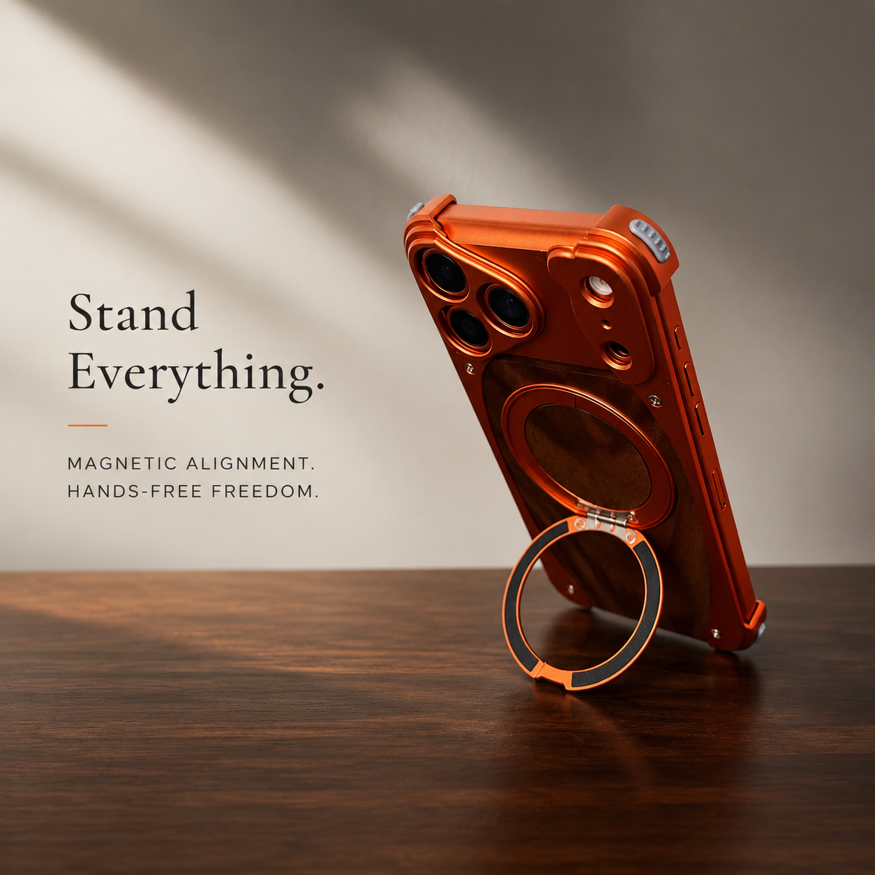 Premium iPhone Case Walnut Wood Aluminum Magnetic Protective Cover Shockproof Built-In Stand Wireless Charging Camera Lens Protection Full Coverage
