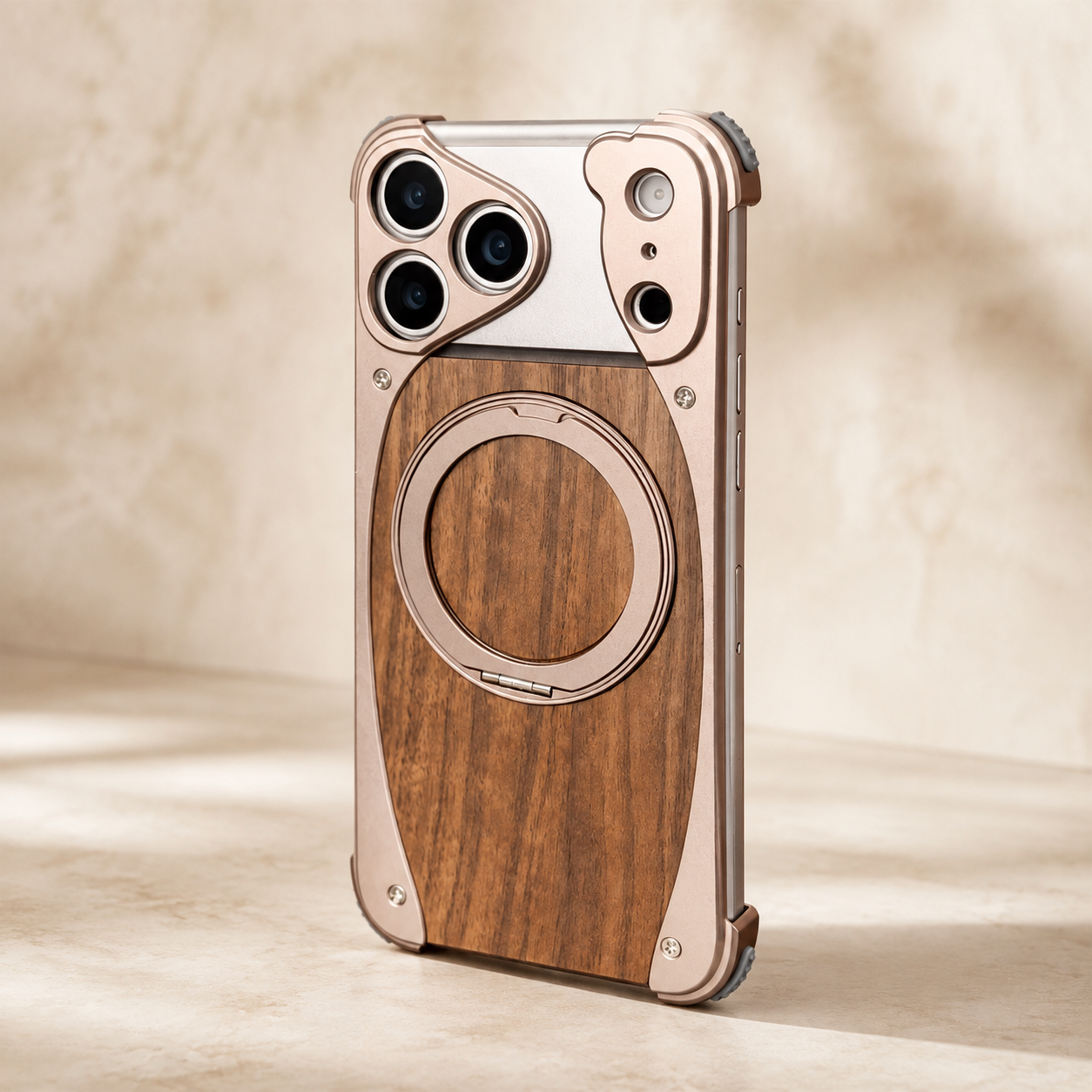 Premium iPhone Case Walnut Wood Aluminum Magnetic Protective Cover Shockproof Built-In Stand Wireless Charging Camera Lens Protection Full Coverage
