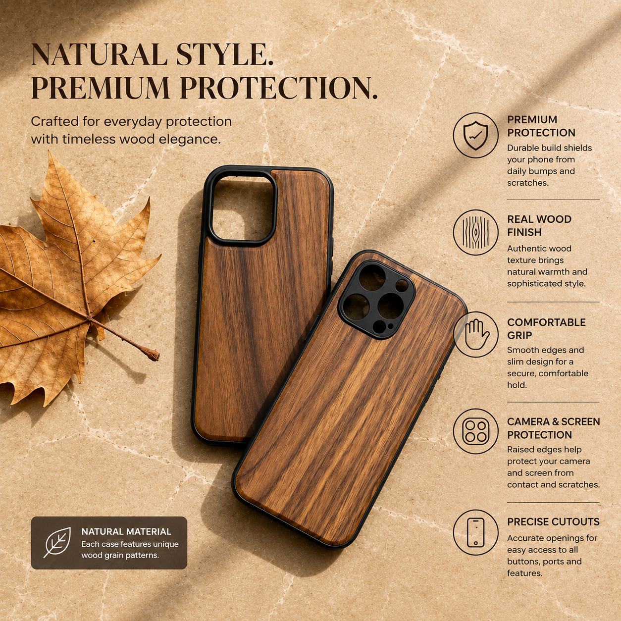 Premium iPhone Case Walnut Wood Protective Cover TPU Frame Shockproof Anti Scratch Magnetic Compatible Slim Durable Full Coverage Natural Design