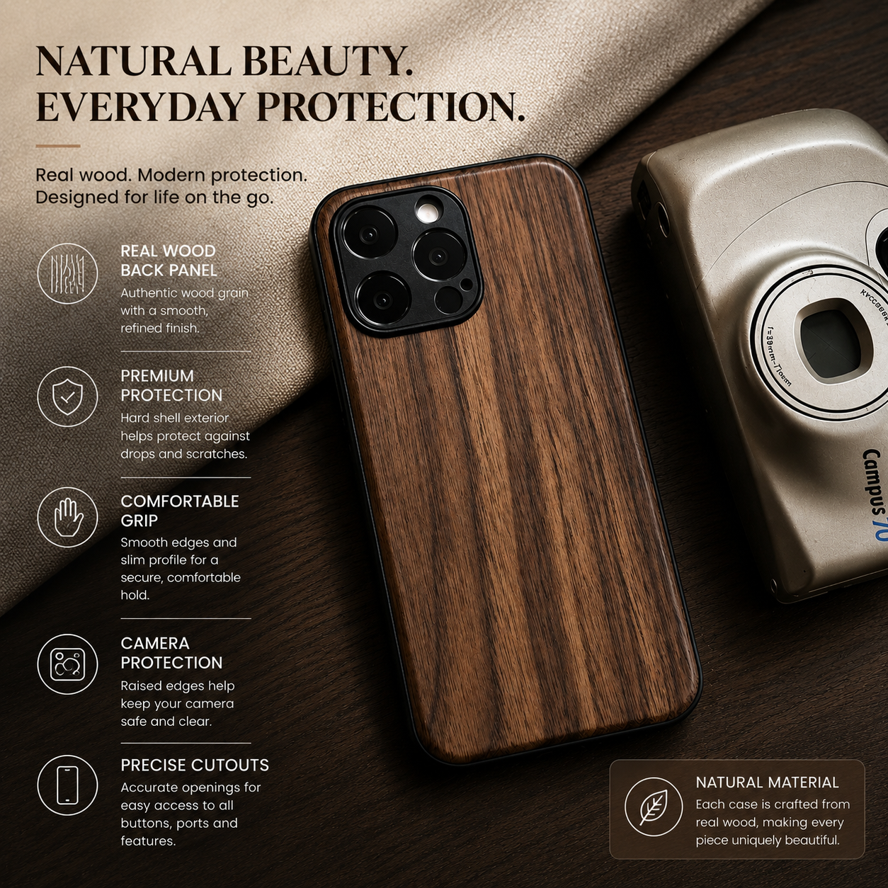 Premium iPhone Case Walnut Wood Protective Cover TPU Frame Shockproof Anti Scratch Magnetic Compatible Slim Durable Full Coverage Natural Design