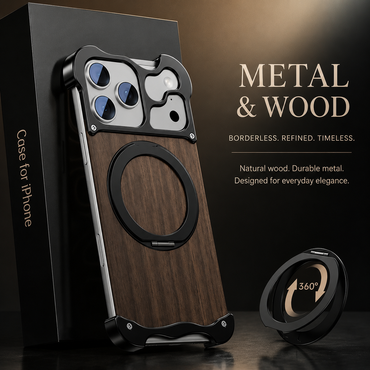 Premium iPhone Case Wood Aluminum Frame MagSafe Compatible Protective Cover 360° Rotating Ring Stand Shockproof Camera Lens Guard