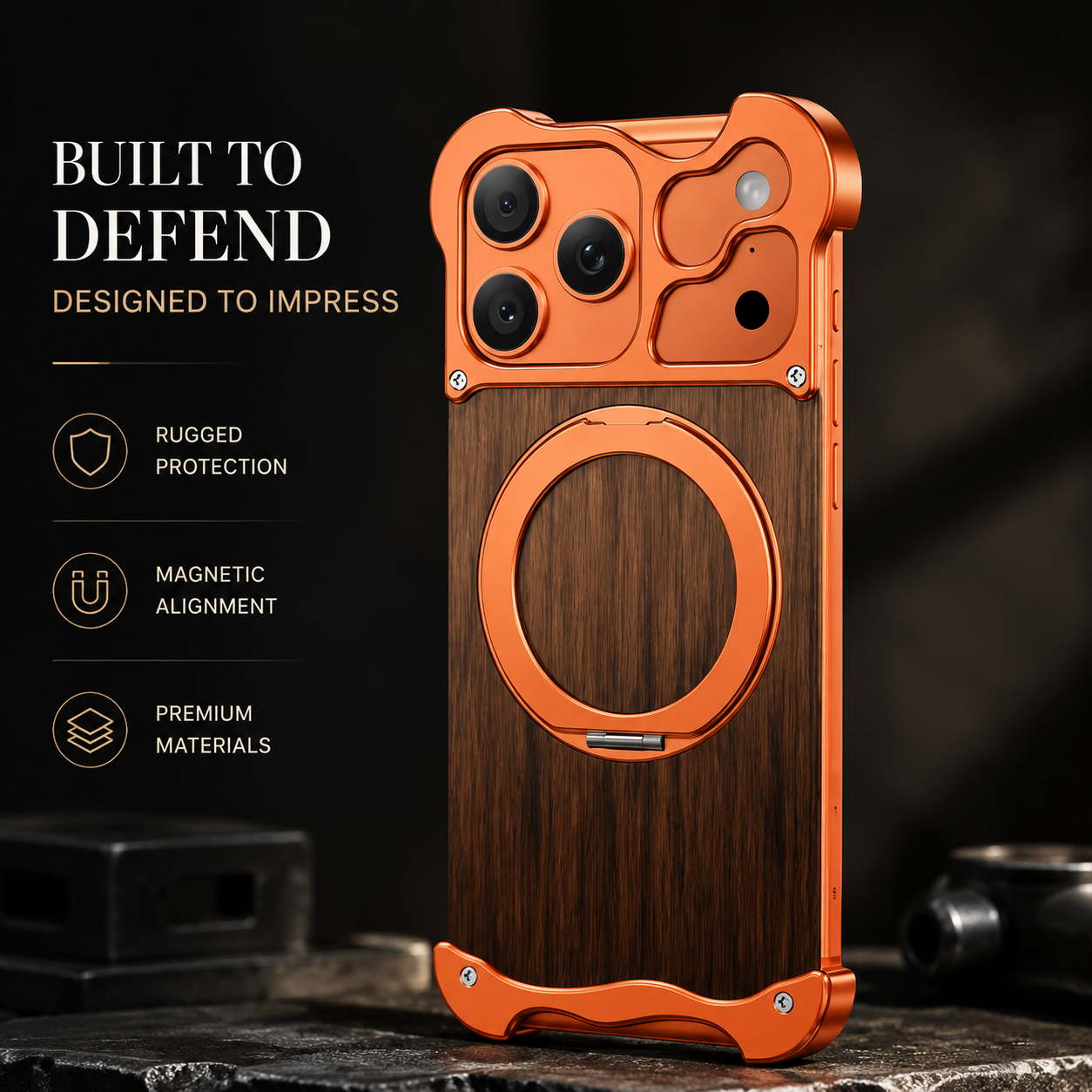 Premium iPhone Case Wood Aluminum Frame MagSafe Compatible Protective Cover 360° Rotating Ring Stand Shockproof Camera Lens Guard