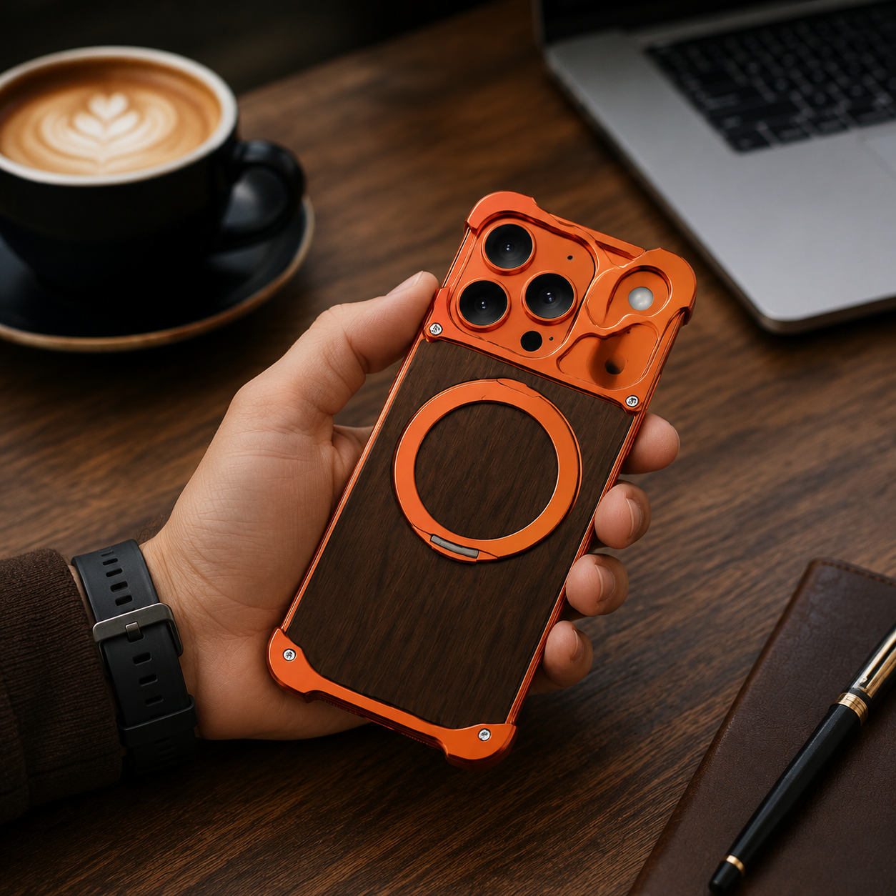 Premium iPhone Case Wood Aluminum Frame MagSafe Compatible Protective Cover 360° Rotating Ring Stand Shockproof Camera Lens Guard