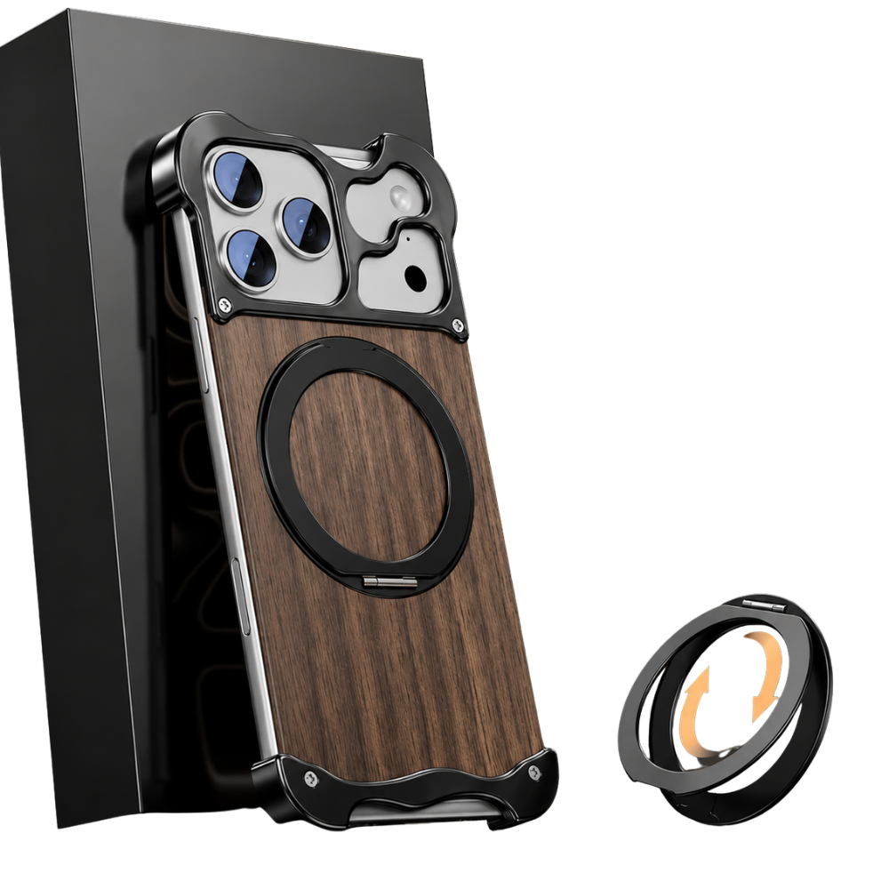 Premium iPhone Case Wood Aluminum Frame MagSafe Compatible Protective Cover 360° Rotating Ring Stand Shockproof Camera Lens Guard