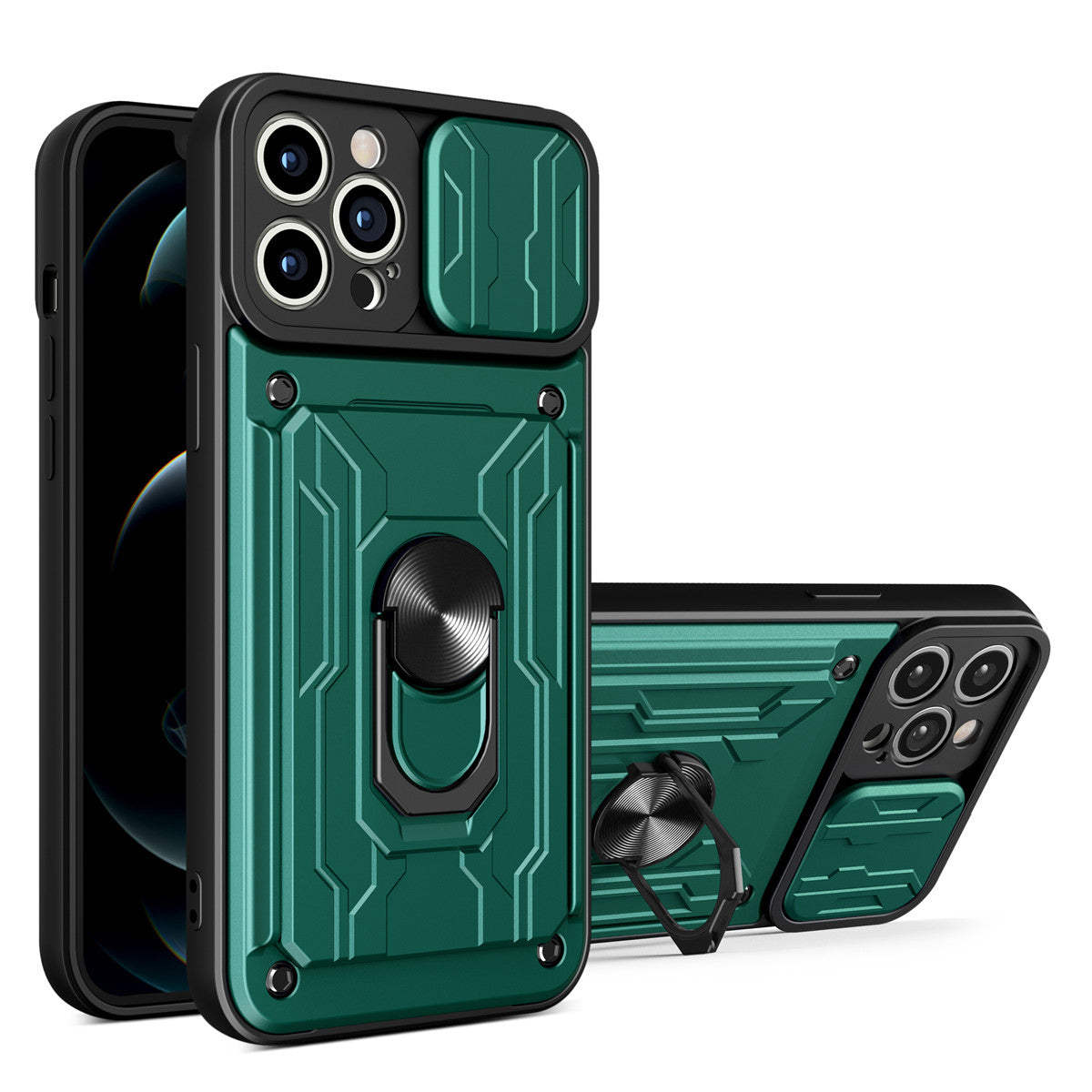 Hidden Slide Card Slot iPhone Case – Lens Protection, Magnetic Ring Stand, Shockproof Cover for iPhone Models