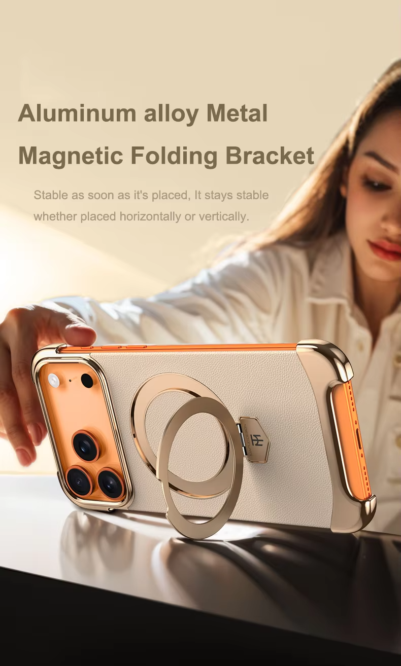 Luxury Leather Frameless iPhone Case – Ultra Thin Magnetic Cover with Metal Bracket Stand, Shockproof Bumper Protection and Camera Lens Guard