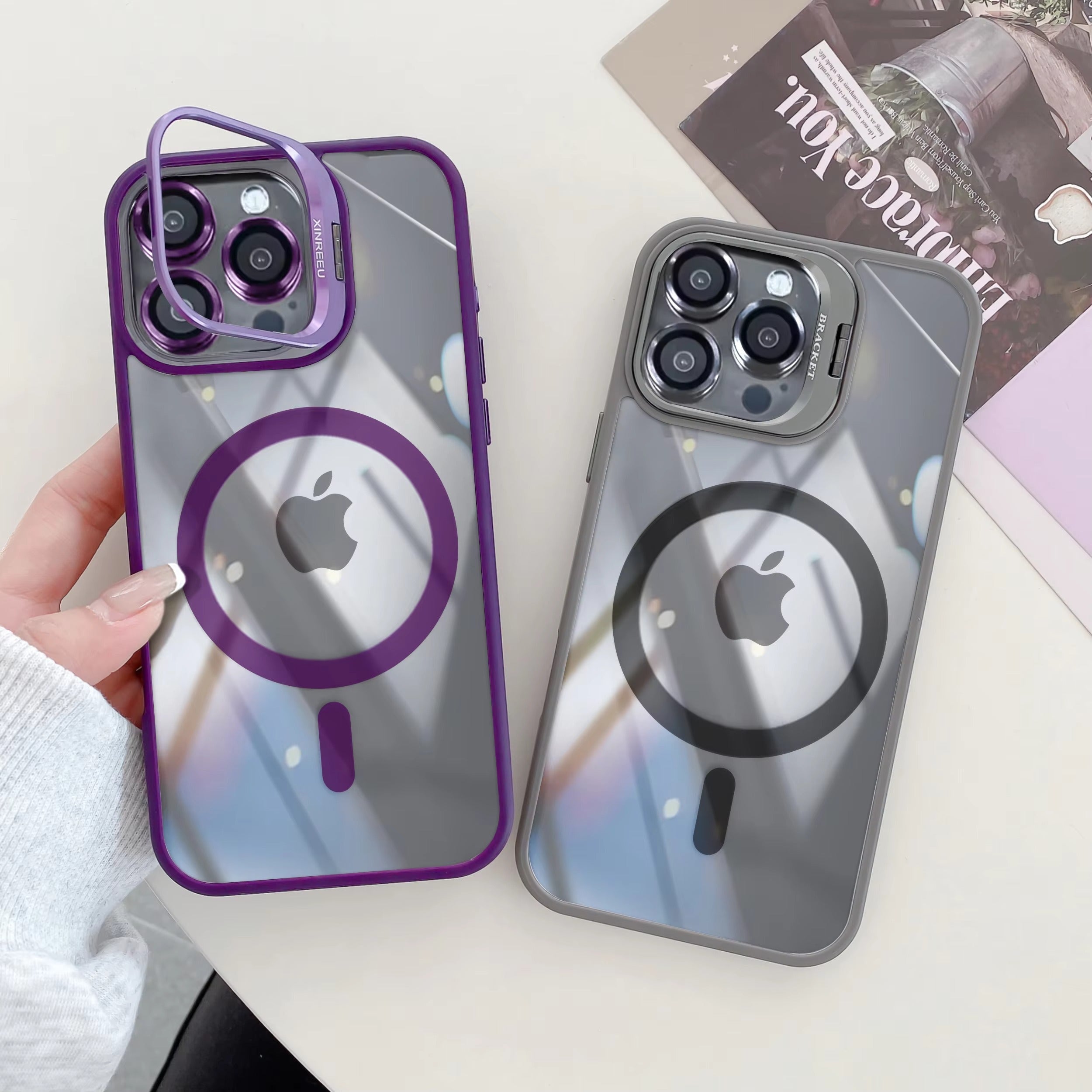 Premium Apple iPhone Case MagSafe Compatible, Camera Lens & Screen Protection, Cover with Transparent Stand & Lens Film