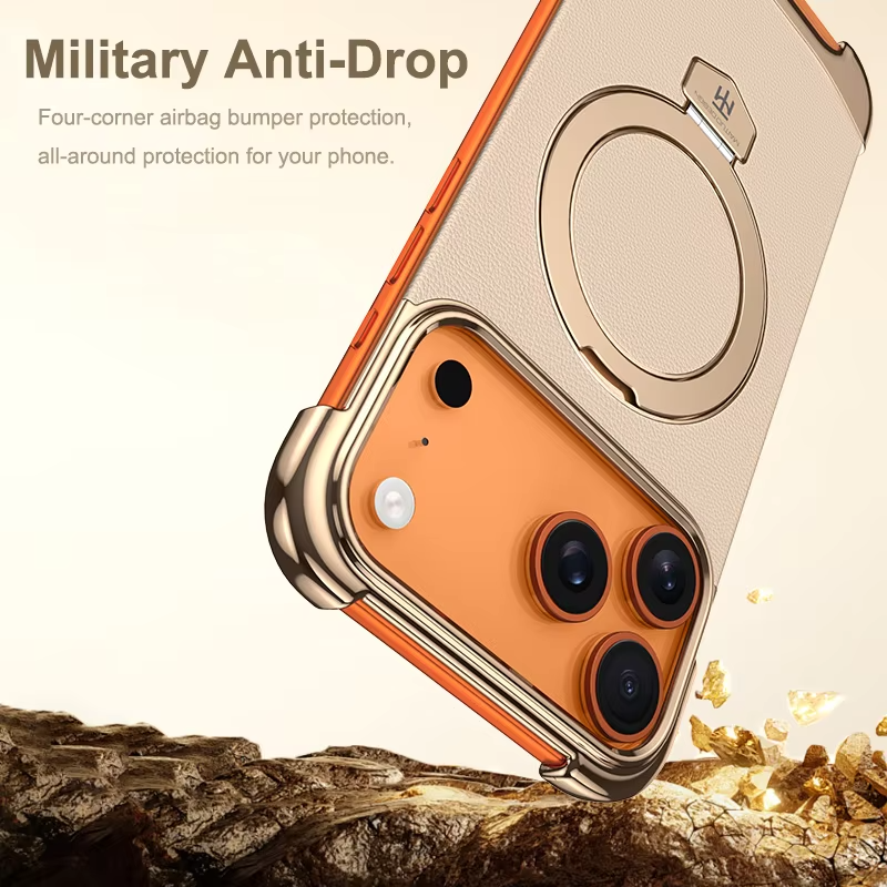 Luxury Leather Frameless iPhone Case – Ultra Thin Magnetic Cover with Metal Bracket Stand, Shockproof Bumper Protection and Camera Lens Guard