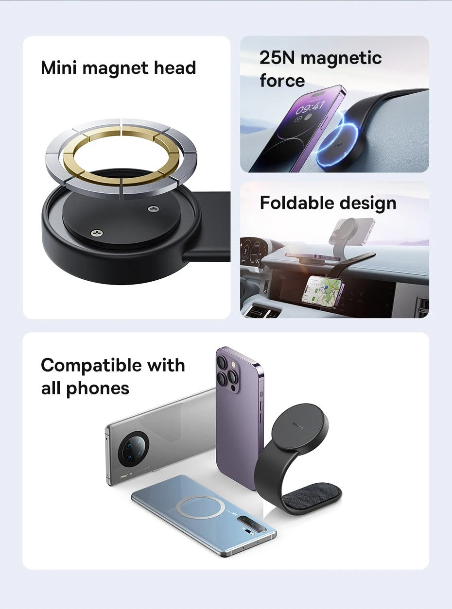 Robust Magnetic Car Phone Holder with 15W Wireless Charging – Foldable Dashboard Mount, Strong Grip, Universal for iPhone & Android, Mini Design