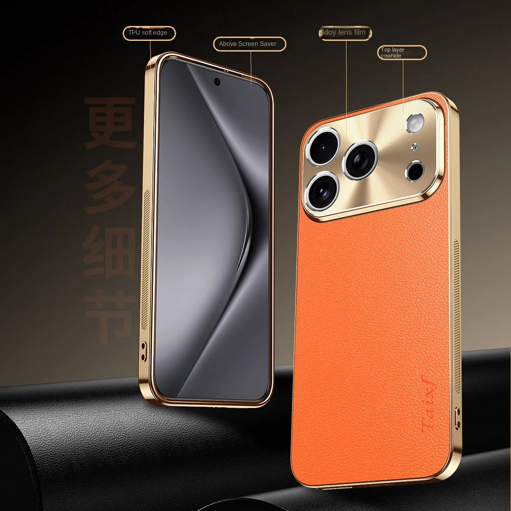 Luxury iPhone Case MagSafe Compatible Protective Cover with Camera Lens Protection Shockproof Full Protection Electroplated Frame Lychee Texture Leather Back