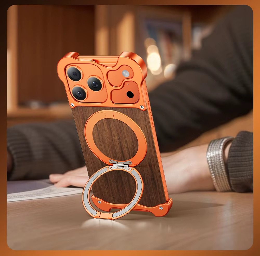 Luxury Wood & Aluminum iPhone Case – MagSafe Compatible Magnetic Cover with 360° Rotating Ring Stand, Shockproof Frame and Camera Lens Protection