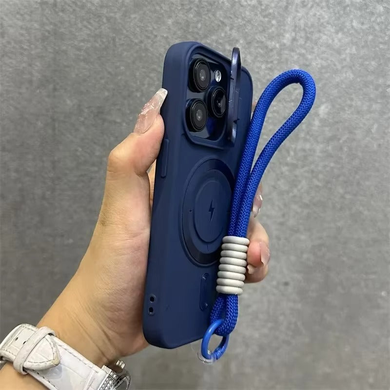 Premium Apple iPhone Case, MagSafe Compatible, Camera Lens & Screen Protection, Ultra Thin, Shockproof, Magnetic Full All Around Cover – Soft Silicone Case with Wrist Strap, Magnetic Lanyard & Lens Stand Bracket