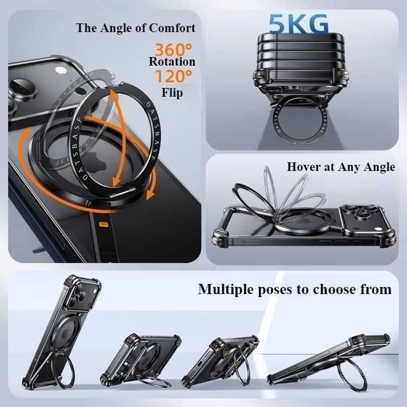 Premium Aluminum Magnetic iPhone Case – MagSafe Compatible Frameless Shockproof Protector with 360° Rotating Stand Ring and Camera Lens Guard