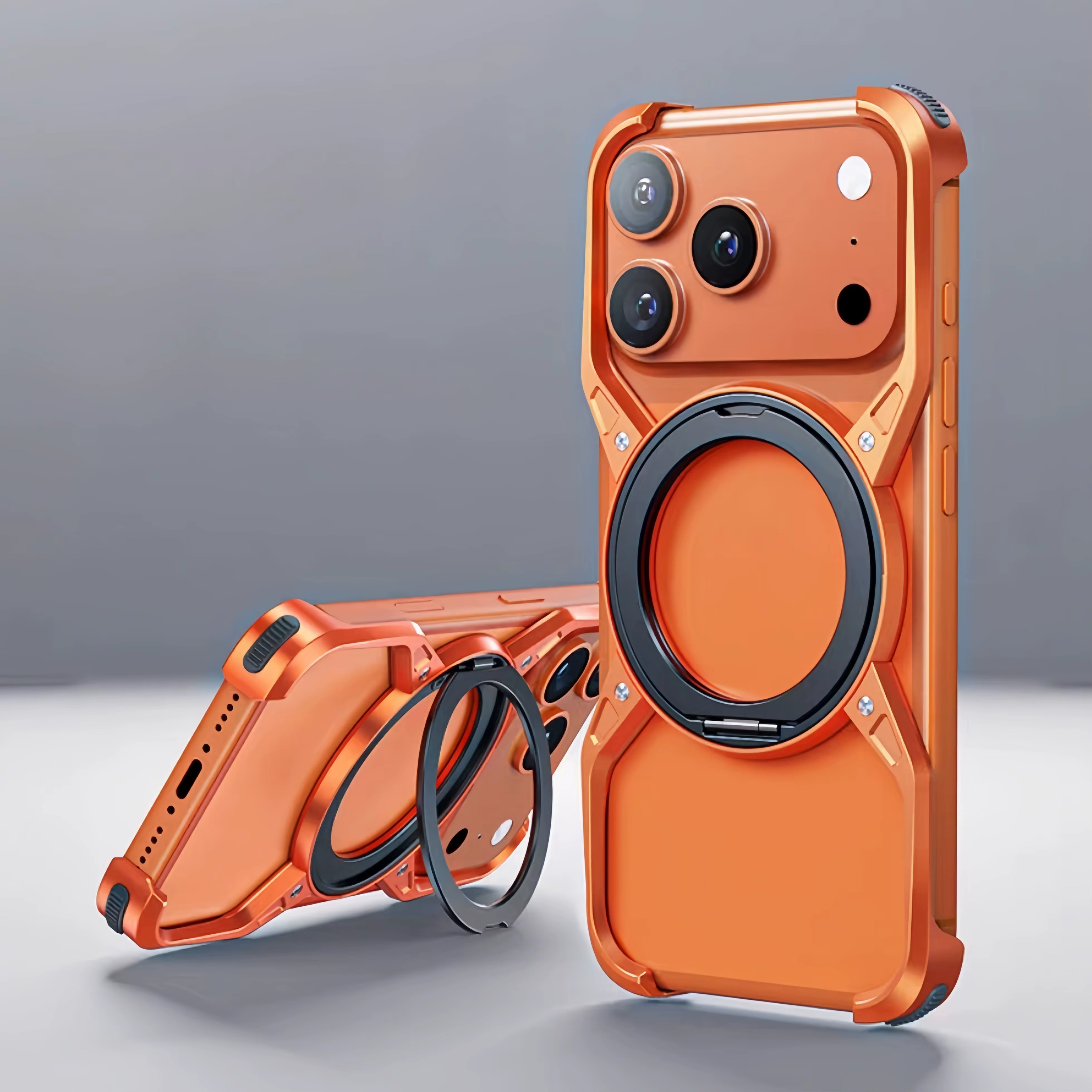 Premium Aluminum Alloy Bumper iPhone Case – MagSafe Compatible Magnetic Cover with 360° Rotating Ring Stand, Shockproof Frame and Camera Protection