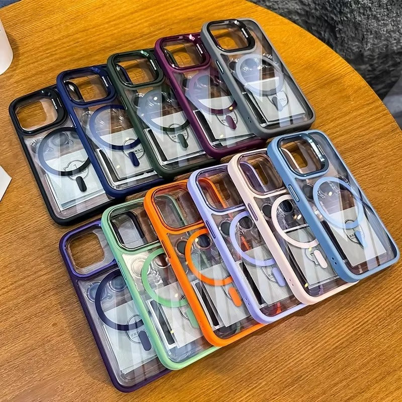 Premium Apple iPhone Case MagSafe Compatible, Camera Lens & Screen Protection, Cover with Transparent Stand & Lens Film