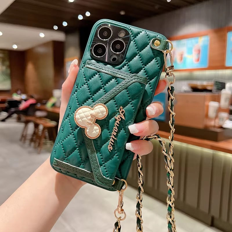 Luxury Apple iPhone Case, MagSafe Compatible, Camera Lens & Screen Protection, Ultra Thin, Shockproof, Magnetic Full All Around Cover – Rhombic Pattern PU Leather Card Holder Case with Lanyard Strap