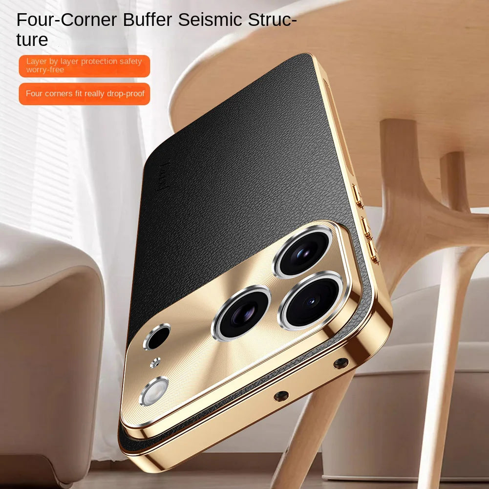 Luxury iPhone Case MagSafe Compatible Protective Cover with Camera Lens Protection Shockproof Full Protection Electroplated Frame Lychee Texture Leather Back