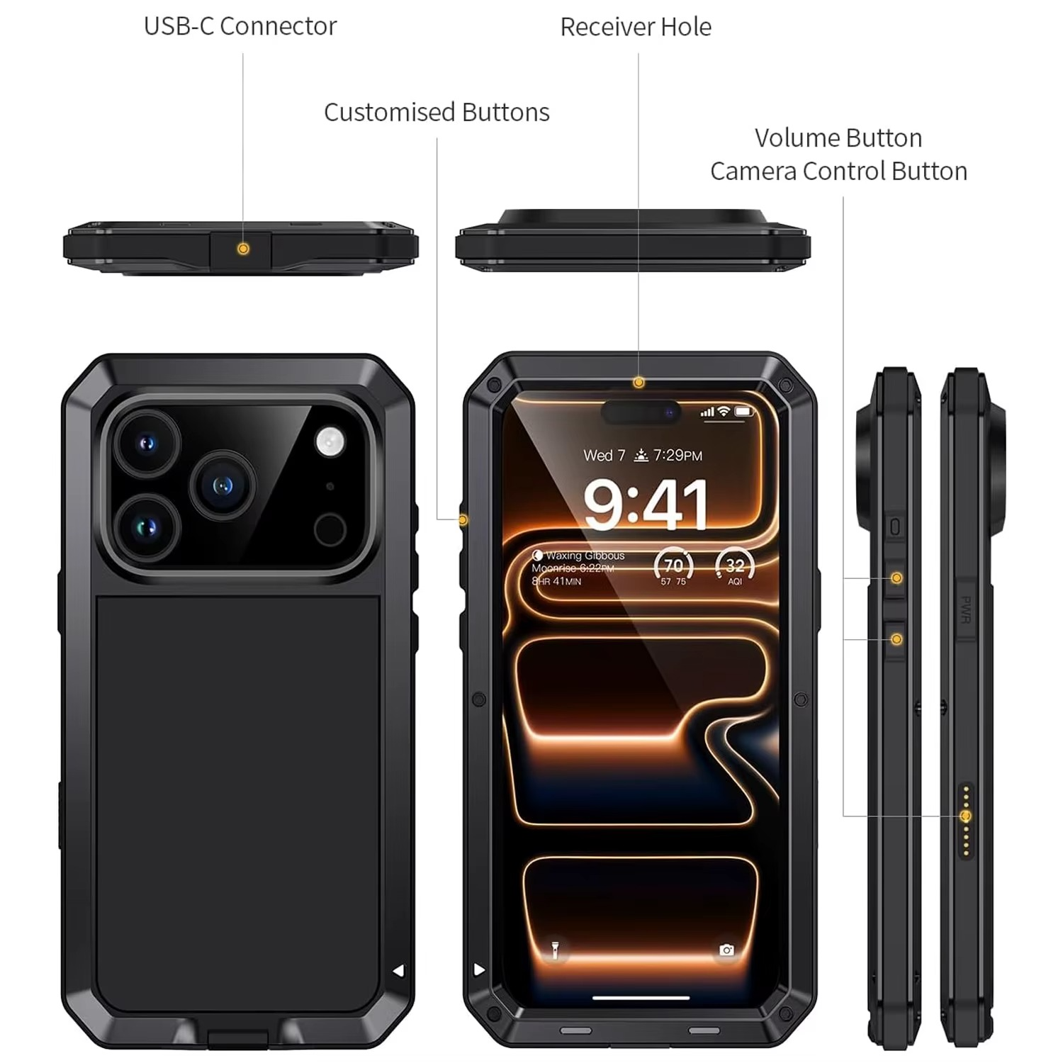 Premium Aluminum Armor iPhone Case – MagSafe Compatible Heavy Duty Shockproof Cover with Built-in Glass Screen Protector and Camera Lens Guard