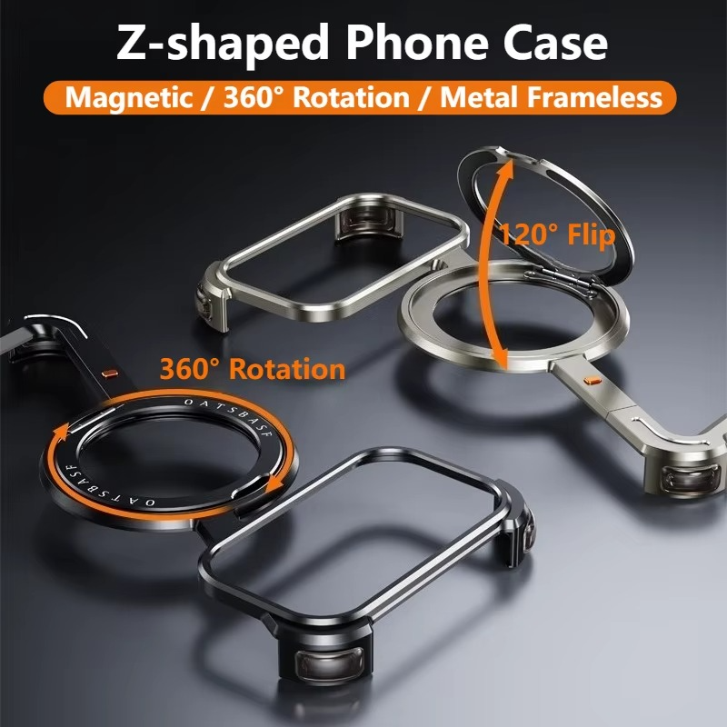Premium Aluminum Magnetic iPhone Case – MagSafe Compatible Frameless Shockproof Protector with 360° Rotating Stand Ring and Camera Lens Guard