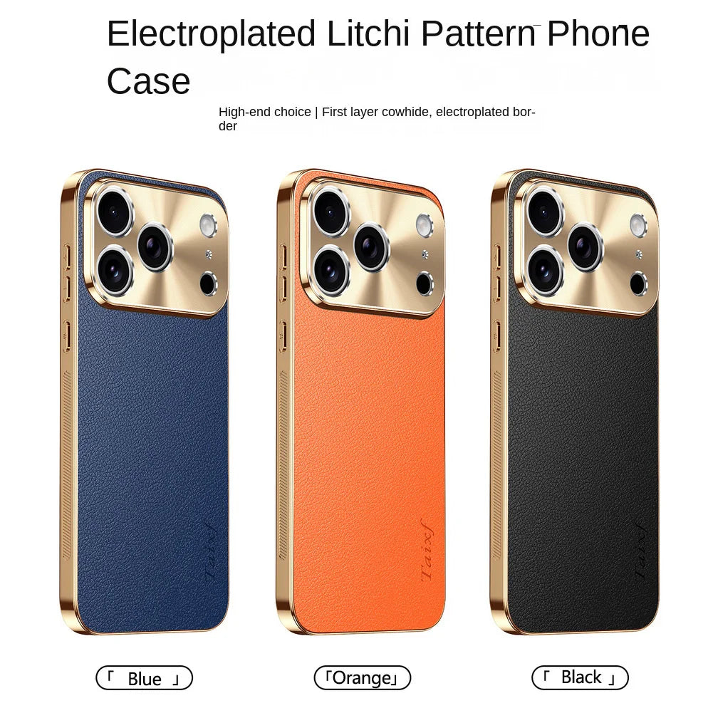 Luxury iPhone Case MagSafe Compatible Protective Cover with Camera Lens Protection Shockproof Full Protection Electroplated Frame Lychee Texture Leather Back