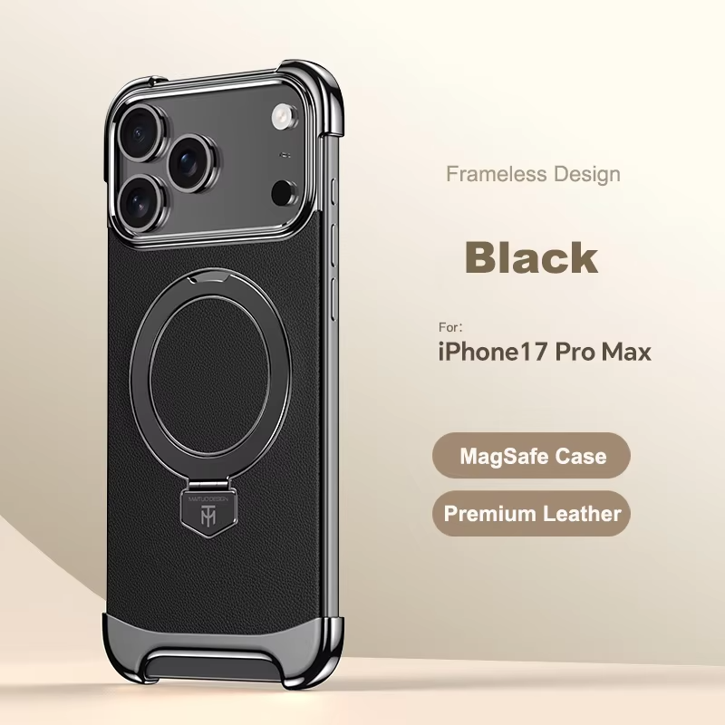 Luxury Leather Frameless iPhone Case – Ultra Thin Magnetic Cover with Metal Bracket Stand, Shockproof Bumper Protection and Camera Lens Guard