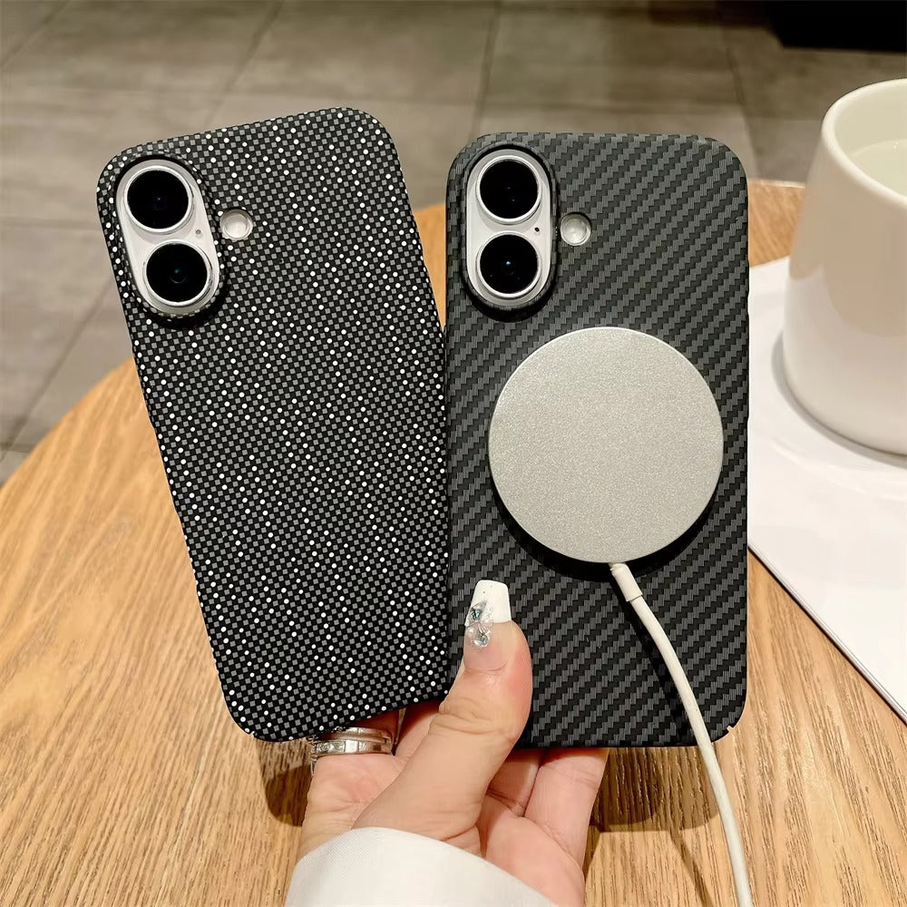 Luxury Apple iPhone Case, MagSafe Compatible, Camera Lens & Screen Protection, Ultra Thin, Shockproof, Magnetic Full All Around Cover – Kevlar Carbon Fiber Pattern PC Armor Case with Magnetic Back & Rugged Protection