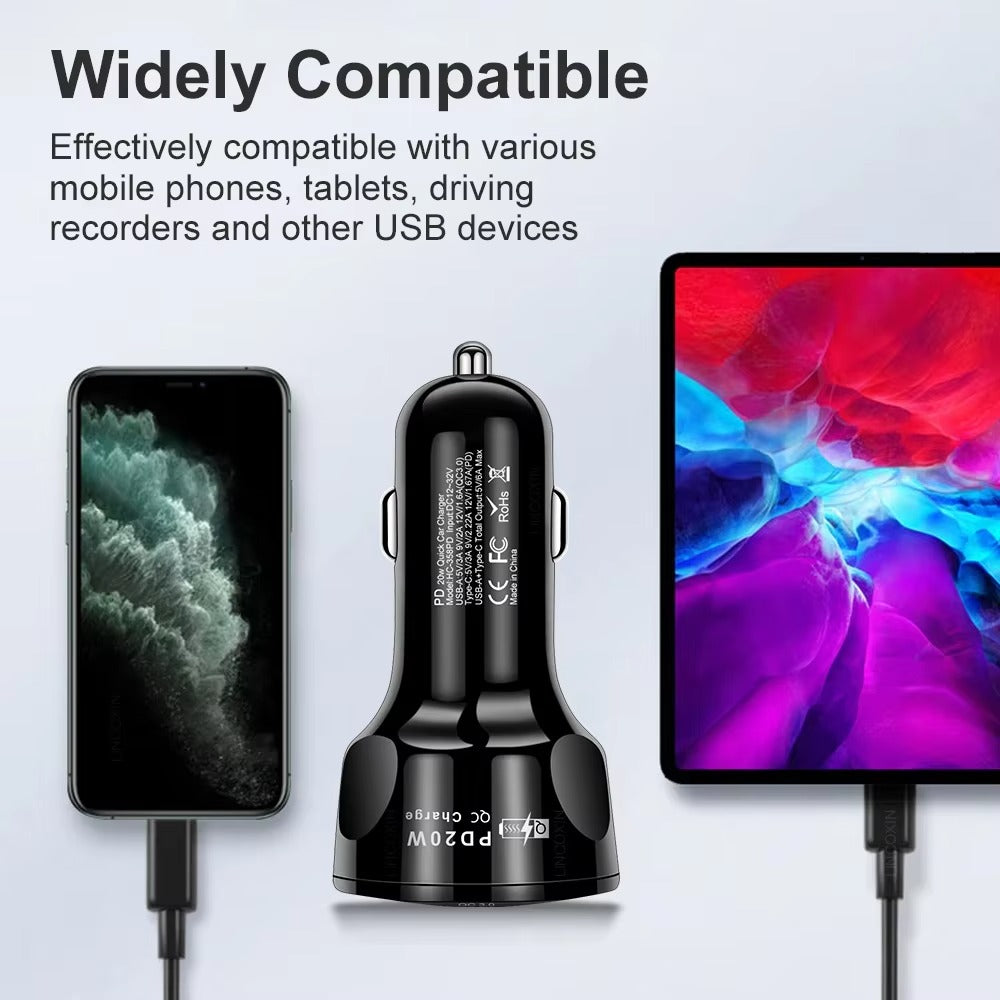 High Speed 55W USB Car Charger Adapter – 4-Port PD & QC3.0 Fast Charging Cigarette Lighter Plug with LED Display, Smart Protection for Phones & Tablets
