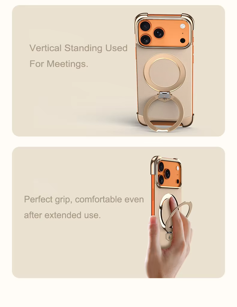 Luxury Leather Frameless iPhone Case – Ultra Thin Magnetic Cover with Metal Bracket Stand, Shockproof Bumper Protection and Camera Lens Guard