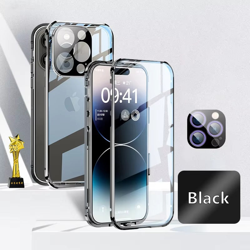 High Quality Apple iPhone Case MagSafe Compatible, Camera Lens & Screen Protection Cover with Double Glass Metal Buckle