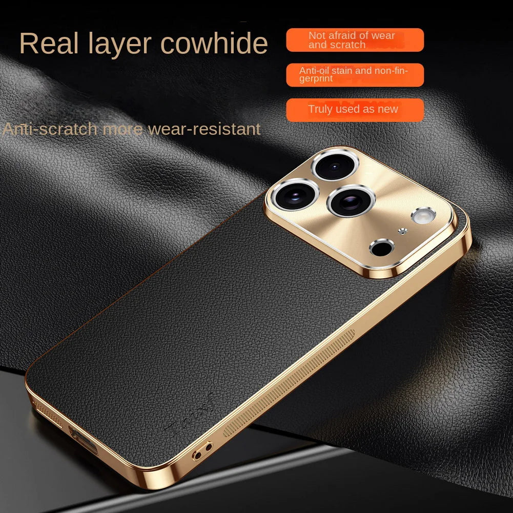 Luxury iPhone Case MagSafe Compatible Protective Cover with Camera Lens Protection Shockproof Full Protection Electroplated Frame Lychee Texture Leather Back