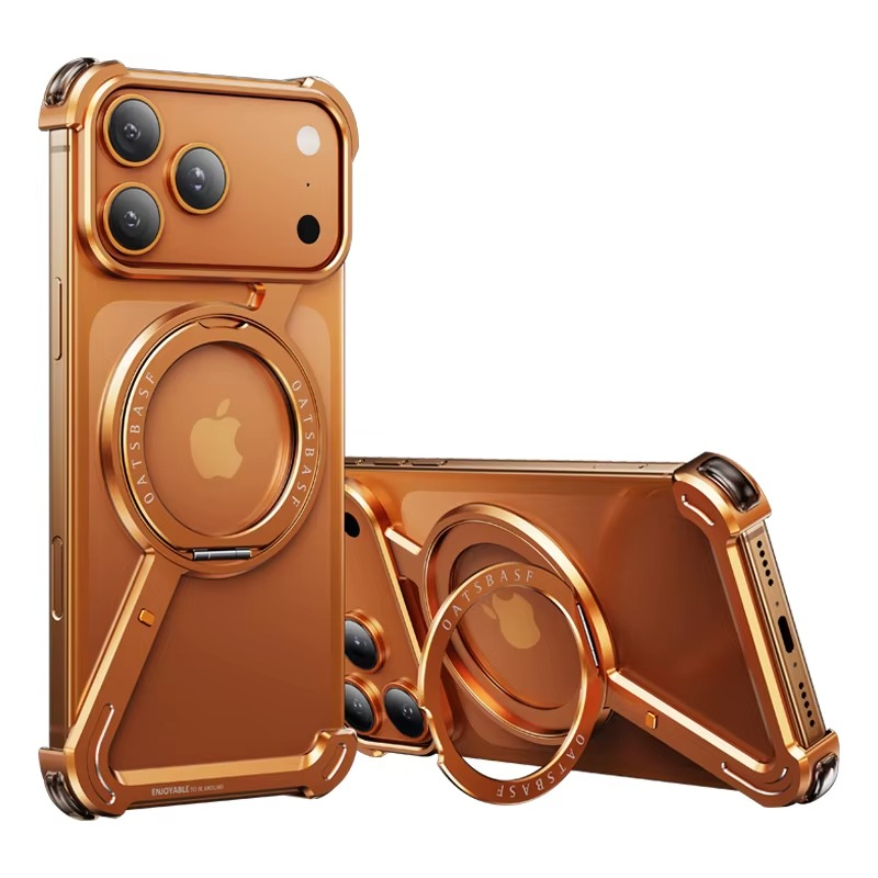 Premium Aluminum Magnetic iPhone Case – MagSafe Compatible Frameless Shockproof Protector with 360° Rotating Stand Ring and Camera Lens Guard