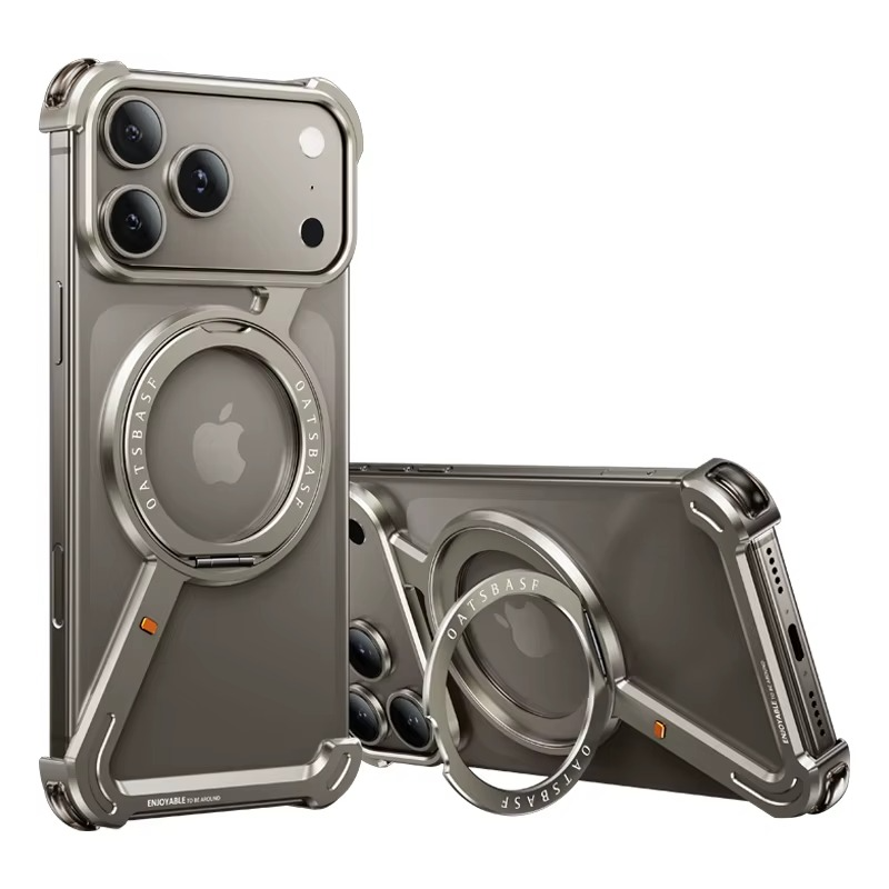 Premium Aluminum Magnetic iPhone Case – MagSafe Compatible Frameless Shockproof Protector with 360° Rotating Stand Ring and Camera Lens Guard