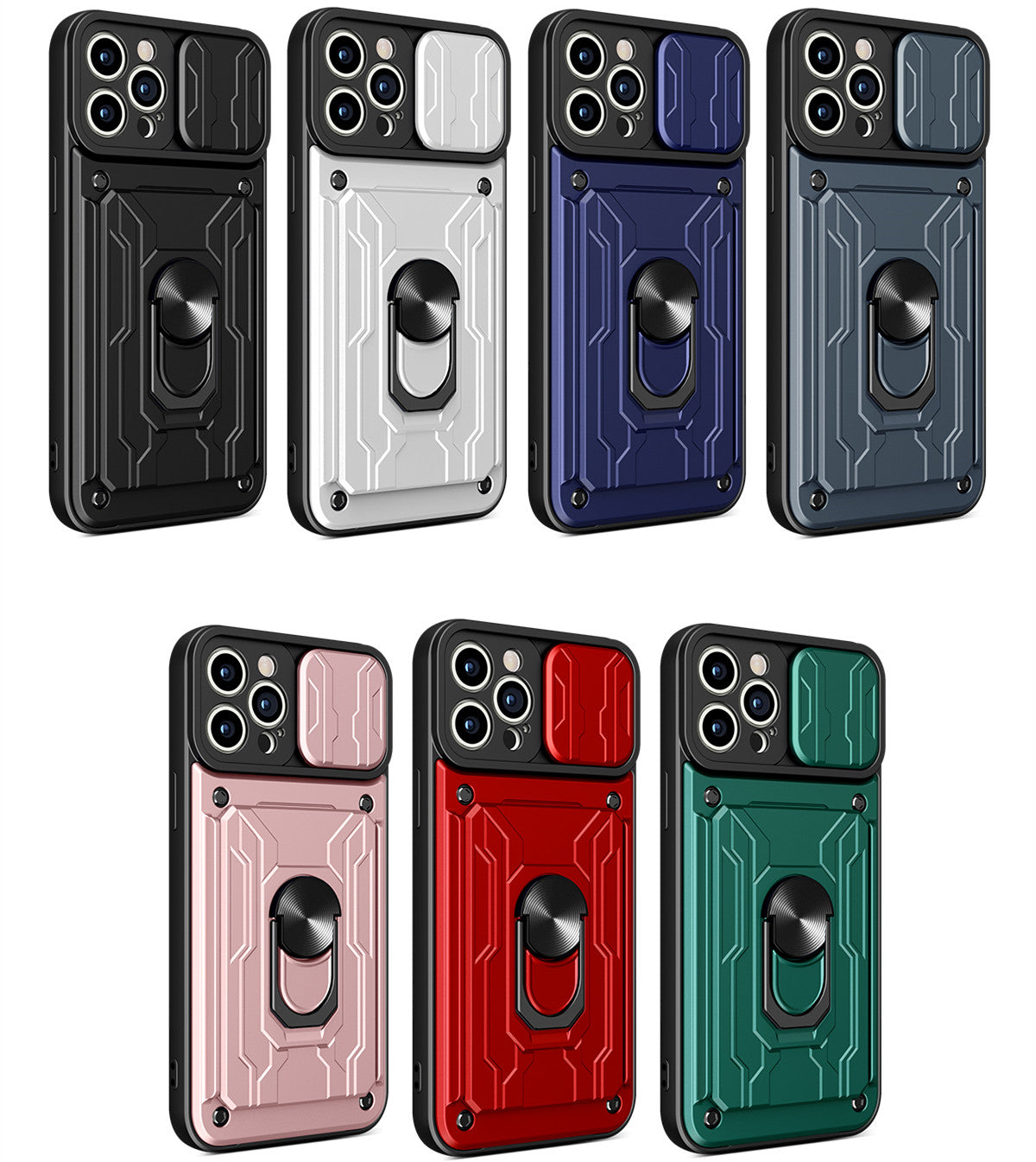 Hidden Slide Card Slot iPhone Case – Lens Protection, Magnetic Ring Stand, Shockproof Cover for iPhone Models