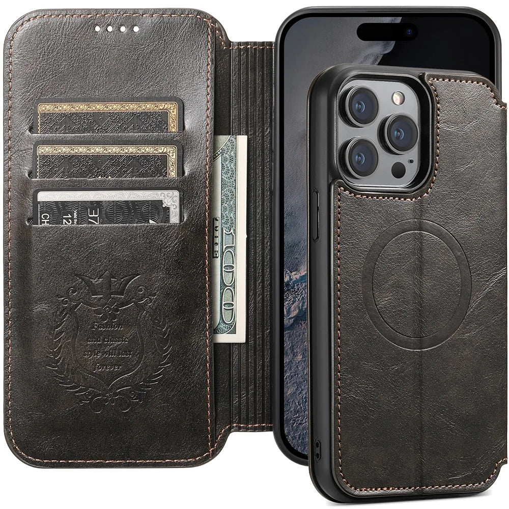 Luxury Leather Magnetic Flip iPhone Case – MagSafe Wallet Card Holder, Wireless Charging Compatible, Shockproof Protection, Elegant Design for iPhone Models