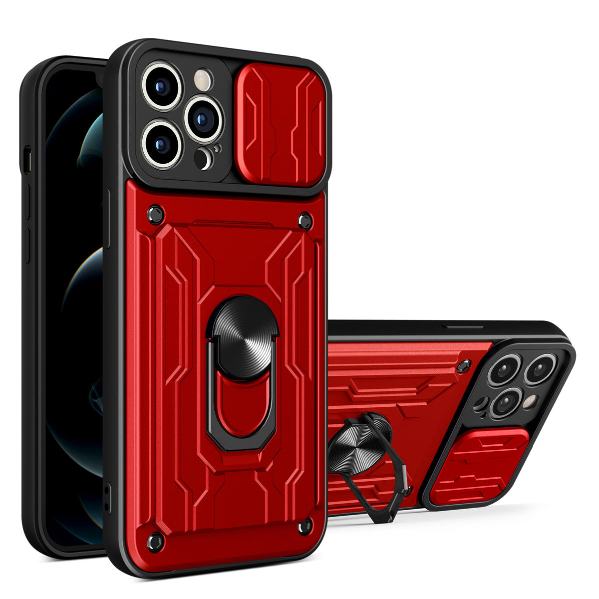 Hidden Slide Card Slot iPhone Case – Lens Protection, Magnetic Ring Stand, Shockproof Cover for iPhone Models