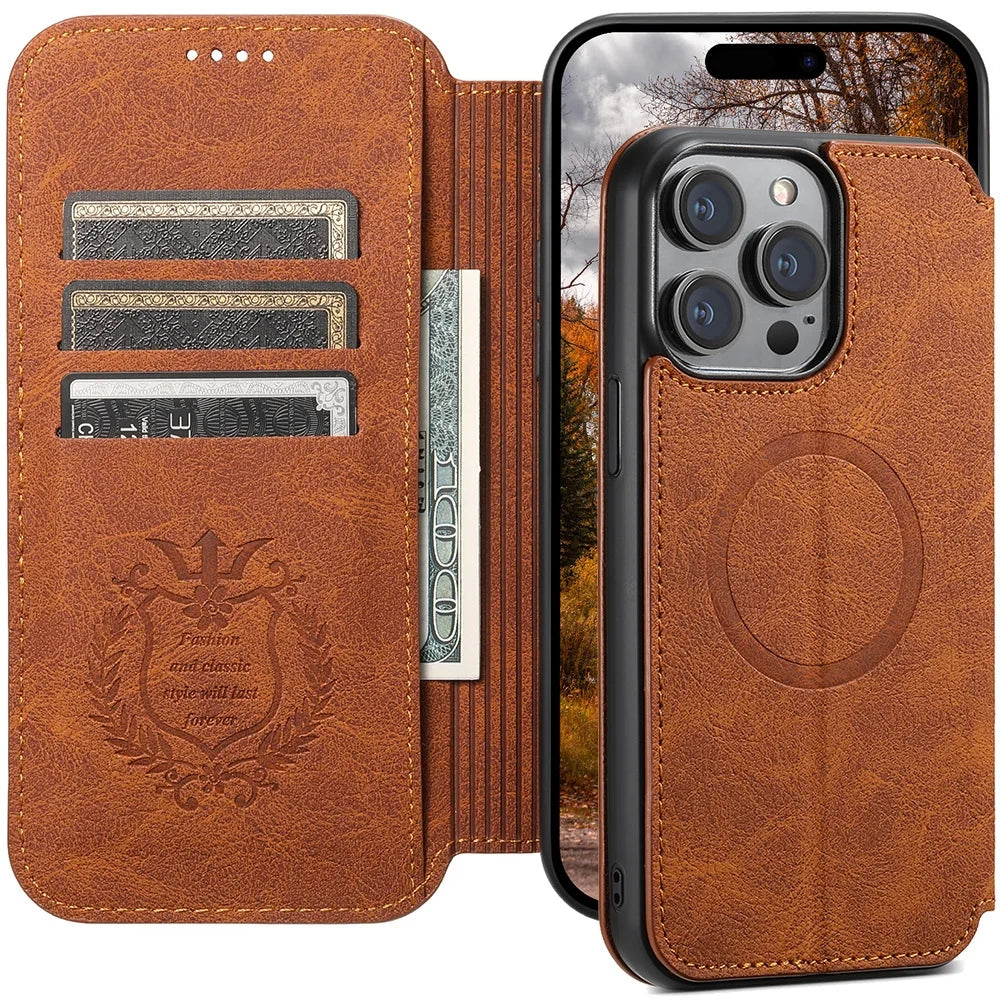 Luxury Leather Magnetic Flip iPhone Case – MagSafe Wallet Card Holder, Wireless Charging Compatible, Shockproof Protection, Elegant Design for iPhone Models