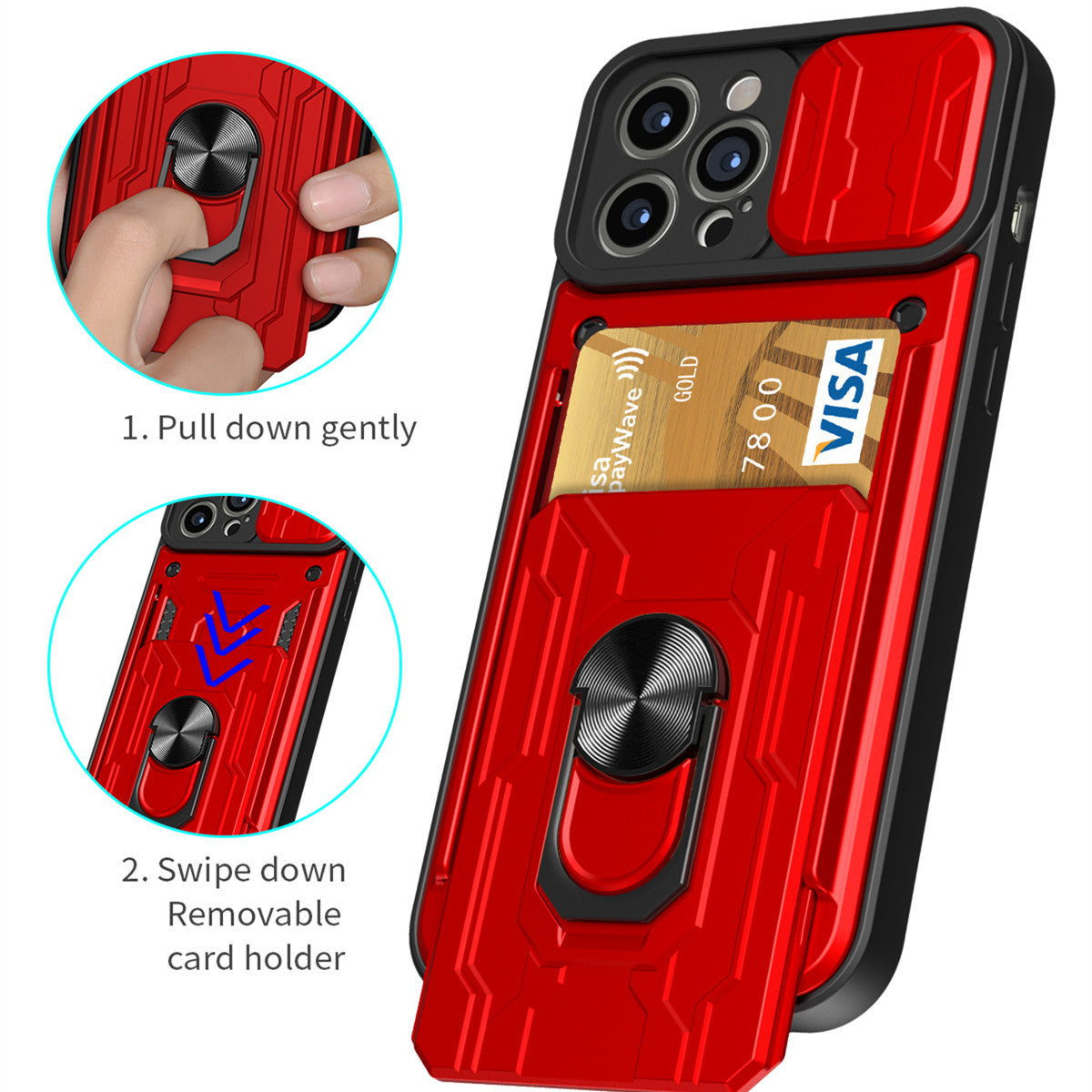 Hidden Slide Card Slot iPhone Case – Lens Protection, Magnetic Ring Stand, Shockproof Cover for iPhone Models