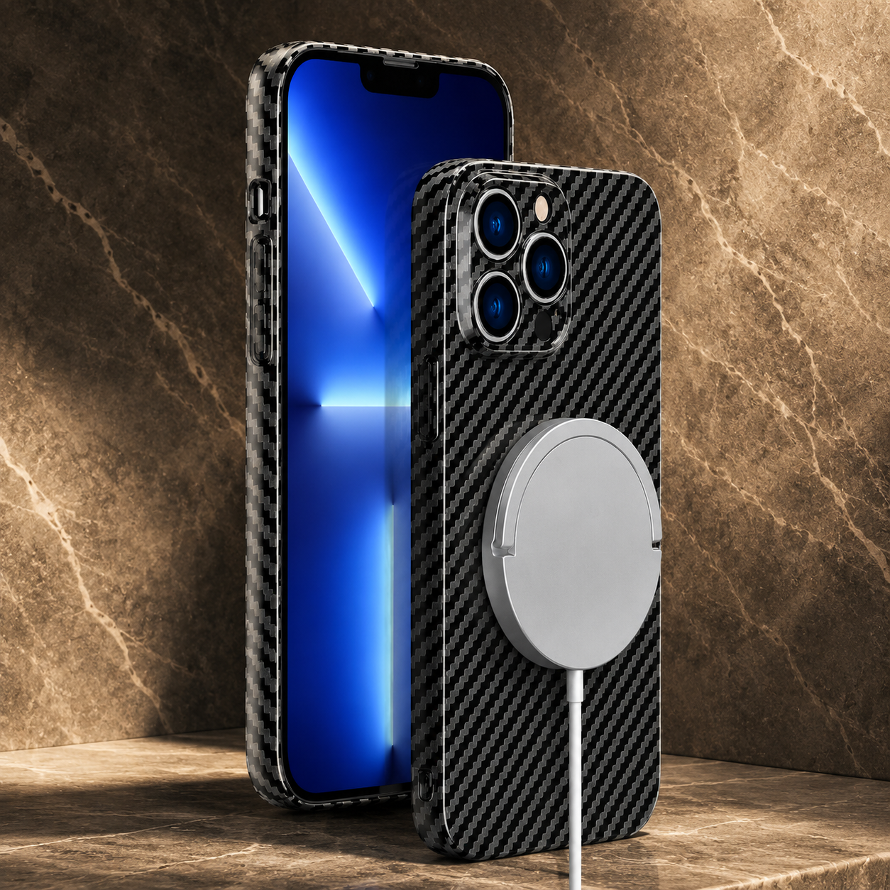 Premium Carbon Fiber MagSafe iPhone Case Magnetic Slim Protective Cover Shockproof Matte Textured Design Wireless Charging Compatible Durable Case
