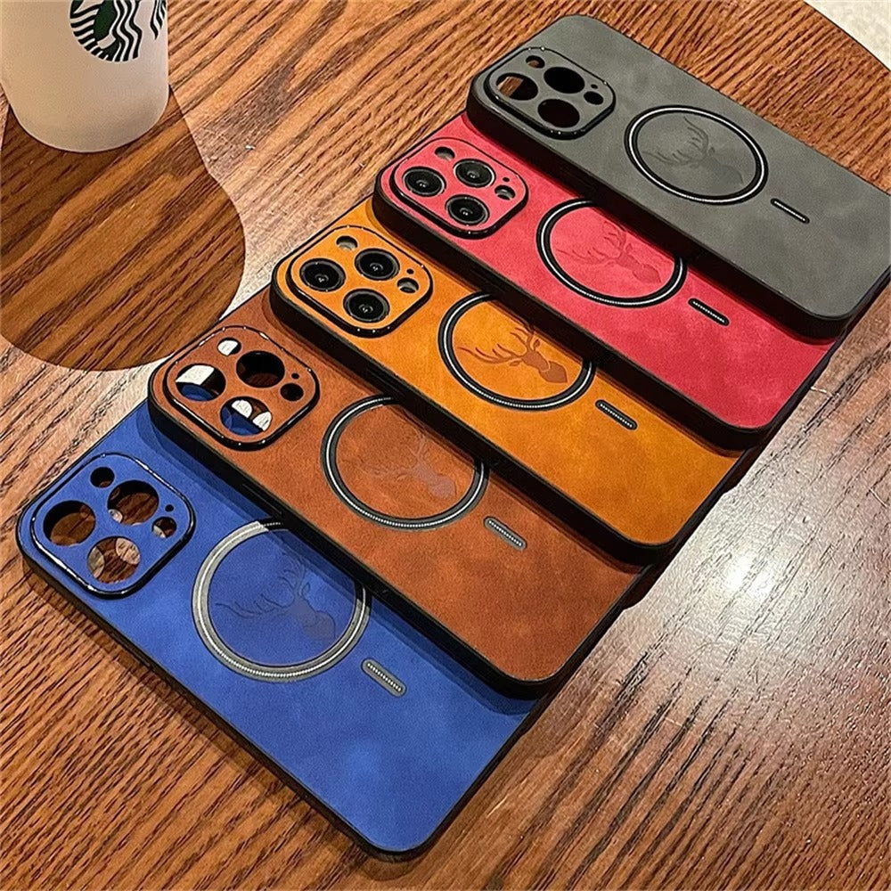 Luxury PU Leather MagSafe iPhone Case – Deer Embossed Design,  Stylish & Durable Full Protection Cover | Case for iPhone