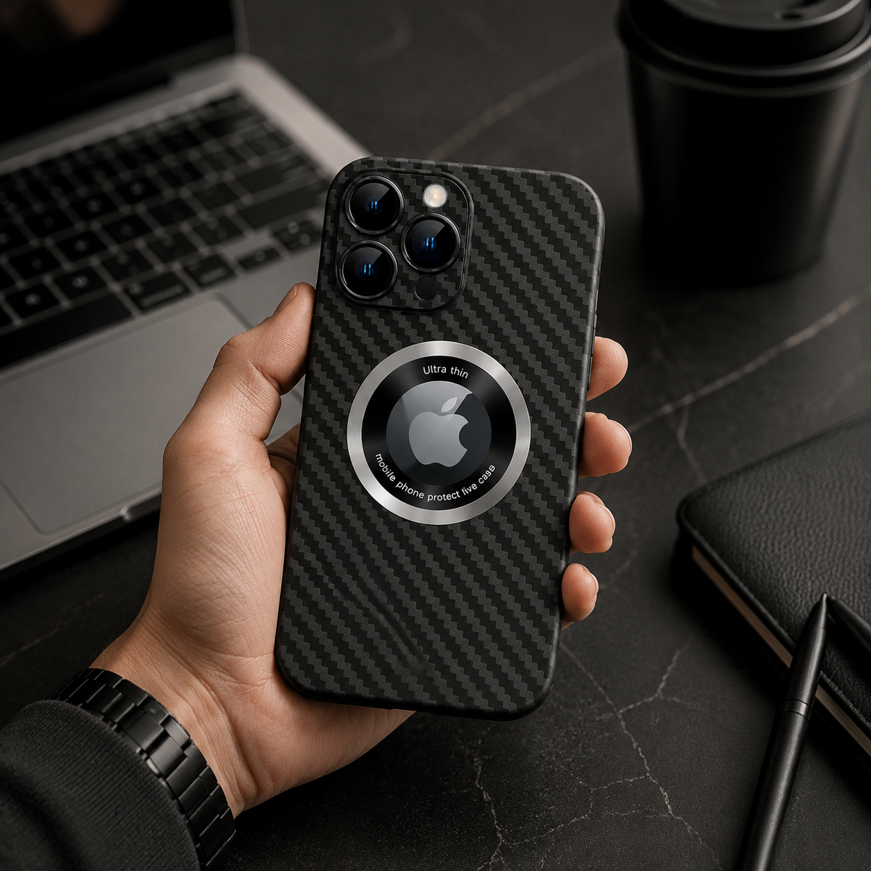 Premium iPhone Case Carbon Fiber MagSafe Cover Frameless Matte PC Slim Protective Case Logo Hollow Magnetic Ring Wireless Charging Compatible