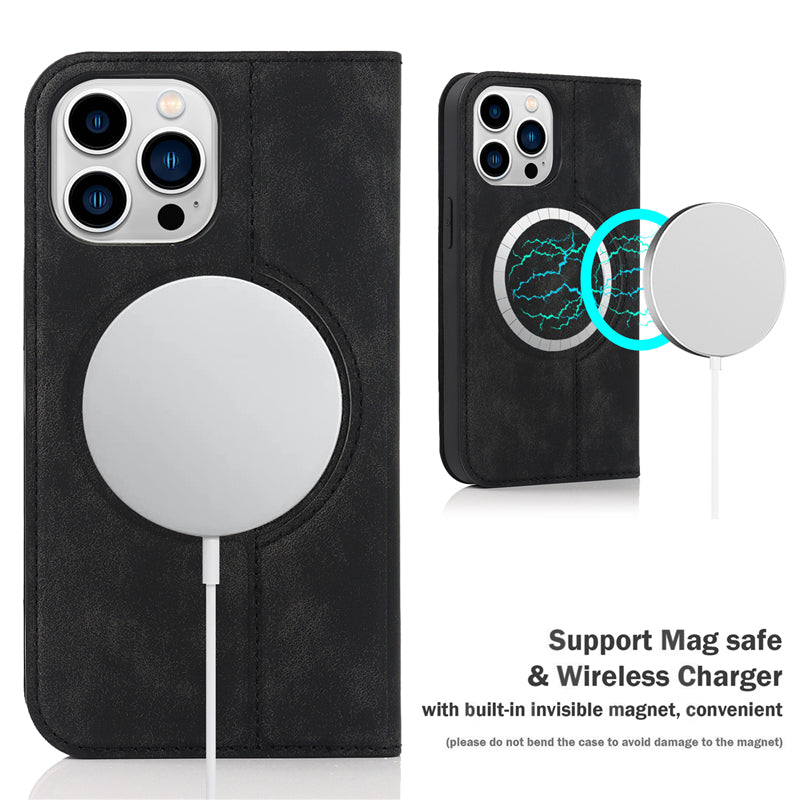Luxury Magnetic Leather Wallet iPhone Case – MagSafe Wireless Charging, Card Slot, Stand Feature, Premium Protection, Stylish & Durable Cover