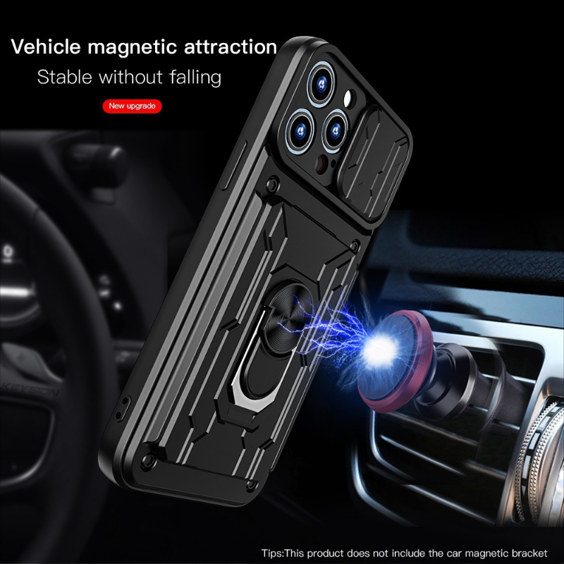 Hidden Slide Card Slot iPhone Case – Lens Protection, Magnetic Ring Stand, Shockproof Cover for iPhone Models