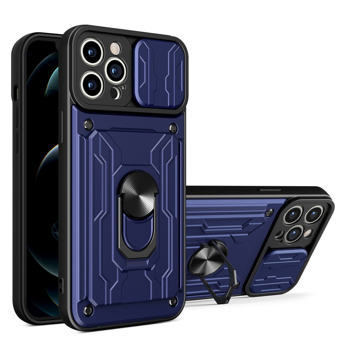 Hidden Slide Card Slot iPhone Case – Lens Protection, Magnetic Ring Stand, Shockproof Cover for iPhone Models